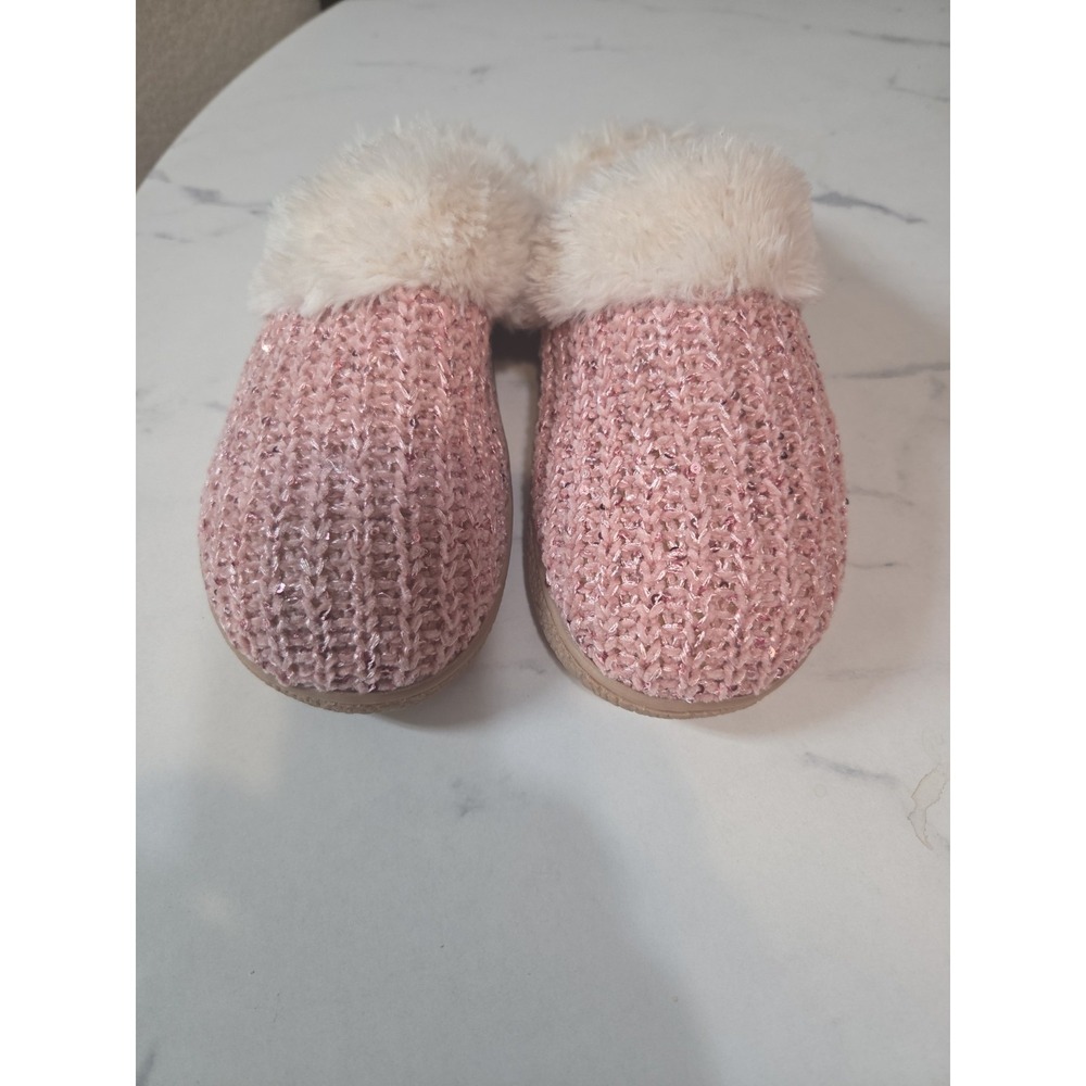 Isotoner Women's Cable Knit Sequin Hoodback Slippers Pink Faux Fur Trim Sz M...